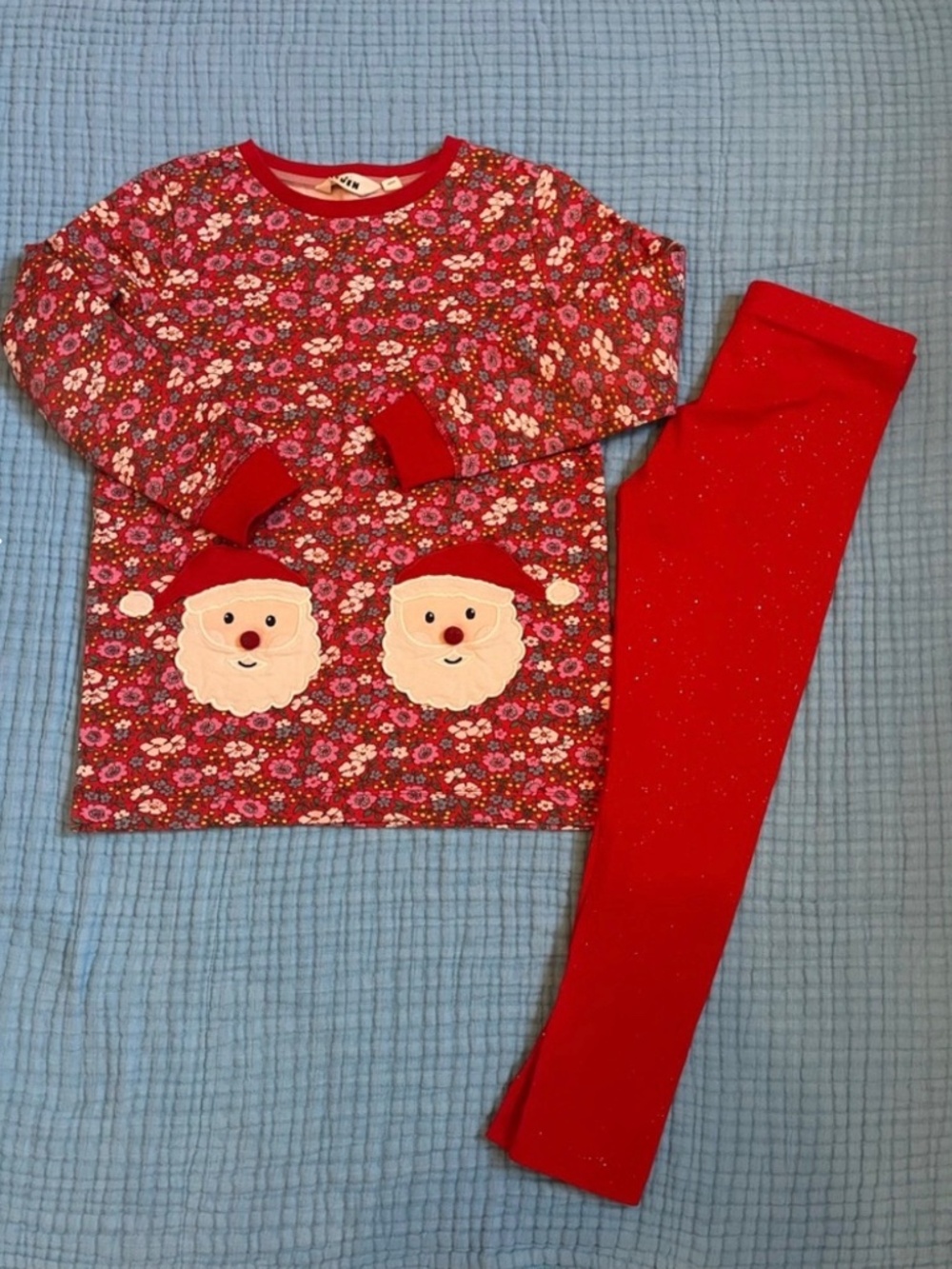 Mini Boden Girls Red Santa Appliqué Floral Tunic & Red Glitter leggings